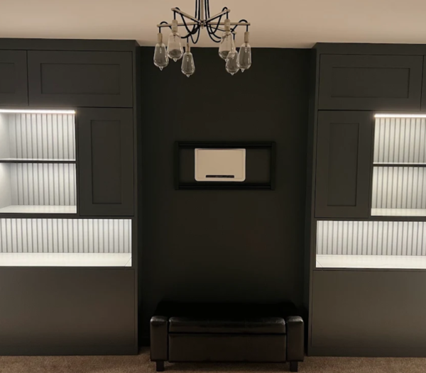 Bespoke dark fitted alcove units with LED strip lighting and reeded panel detail, designed and built by Interiors by Build NE — Mina Maher's project, Newcastle