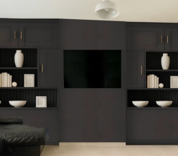 Custom dark media wall with integrated TV recess, open shelving and shaker-style cabinet doors built by Interiors by Build NE, Newcastle — Mina Maher's AI-designed concept brought to life