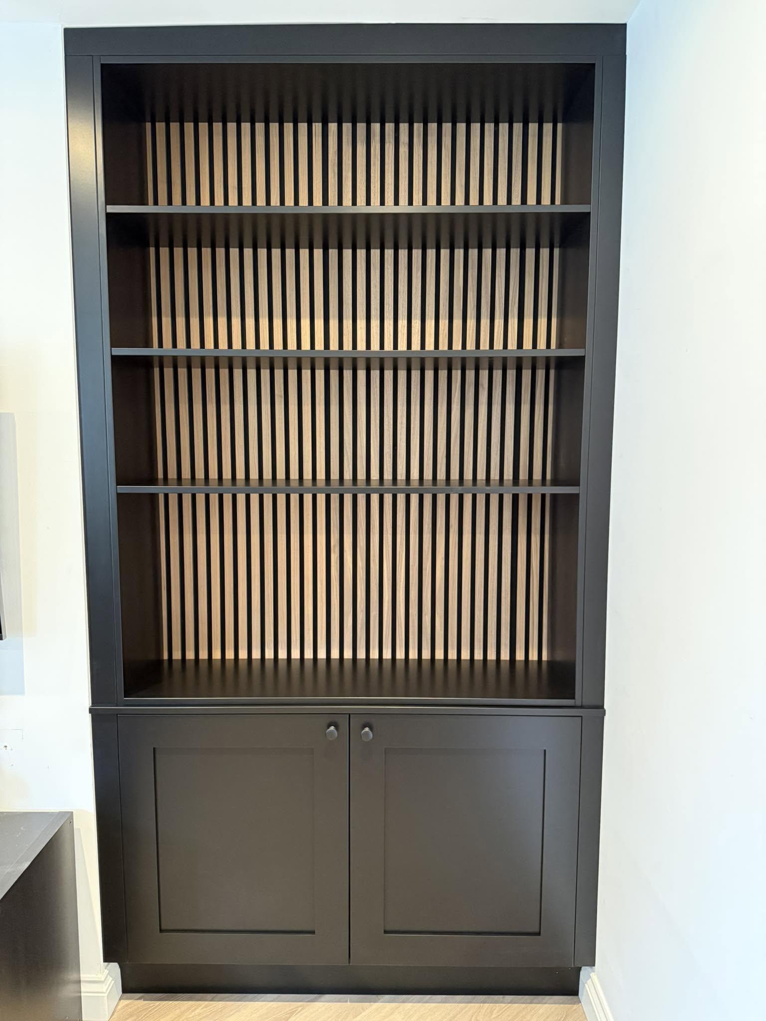Bespoke fluted display shelving unit built into an alcove, Interiors by Build NE, Wallsend